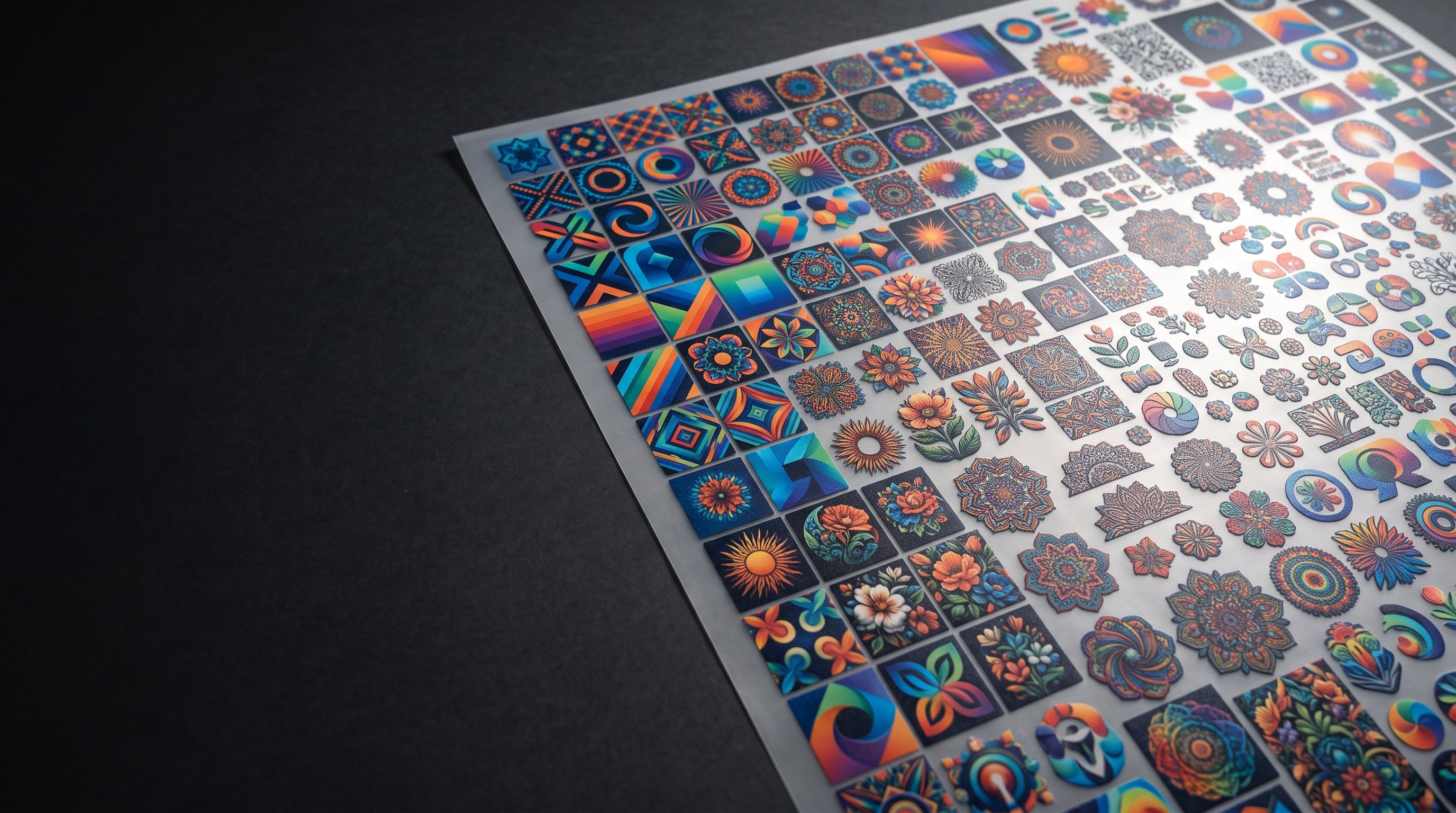 A DTF gang sheet packed edge to edge with colourful printed designs on transfer film