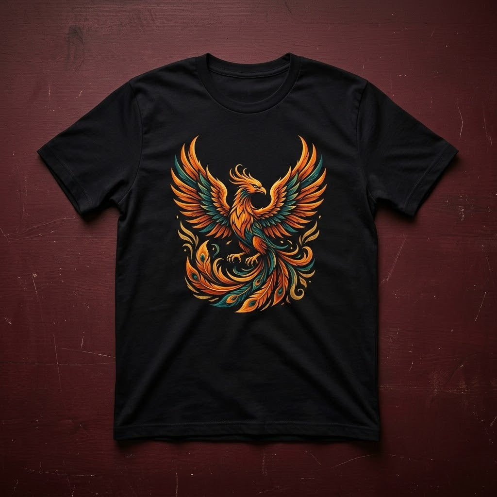 Phoenix DTF transfer on a black t-shirt after the film is peeled