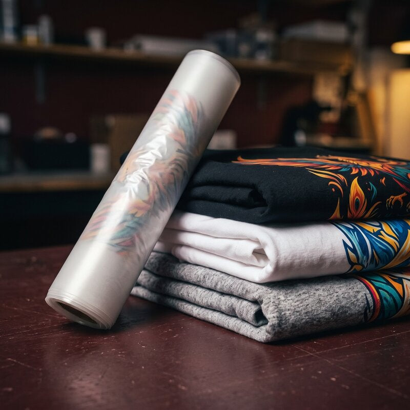 Folded pressed t-shirts and a rolled DTF transfer sheet