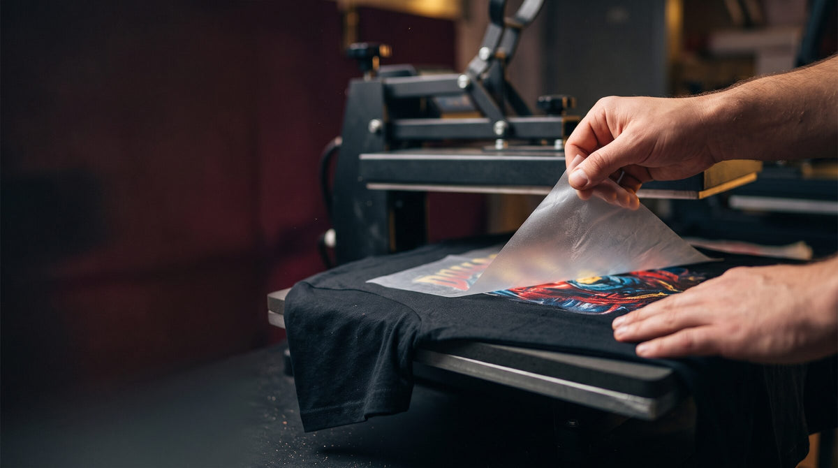 Hands peeling the clear film off a freshly pressed DTF transfer on a black t-shirt