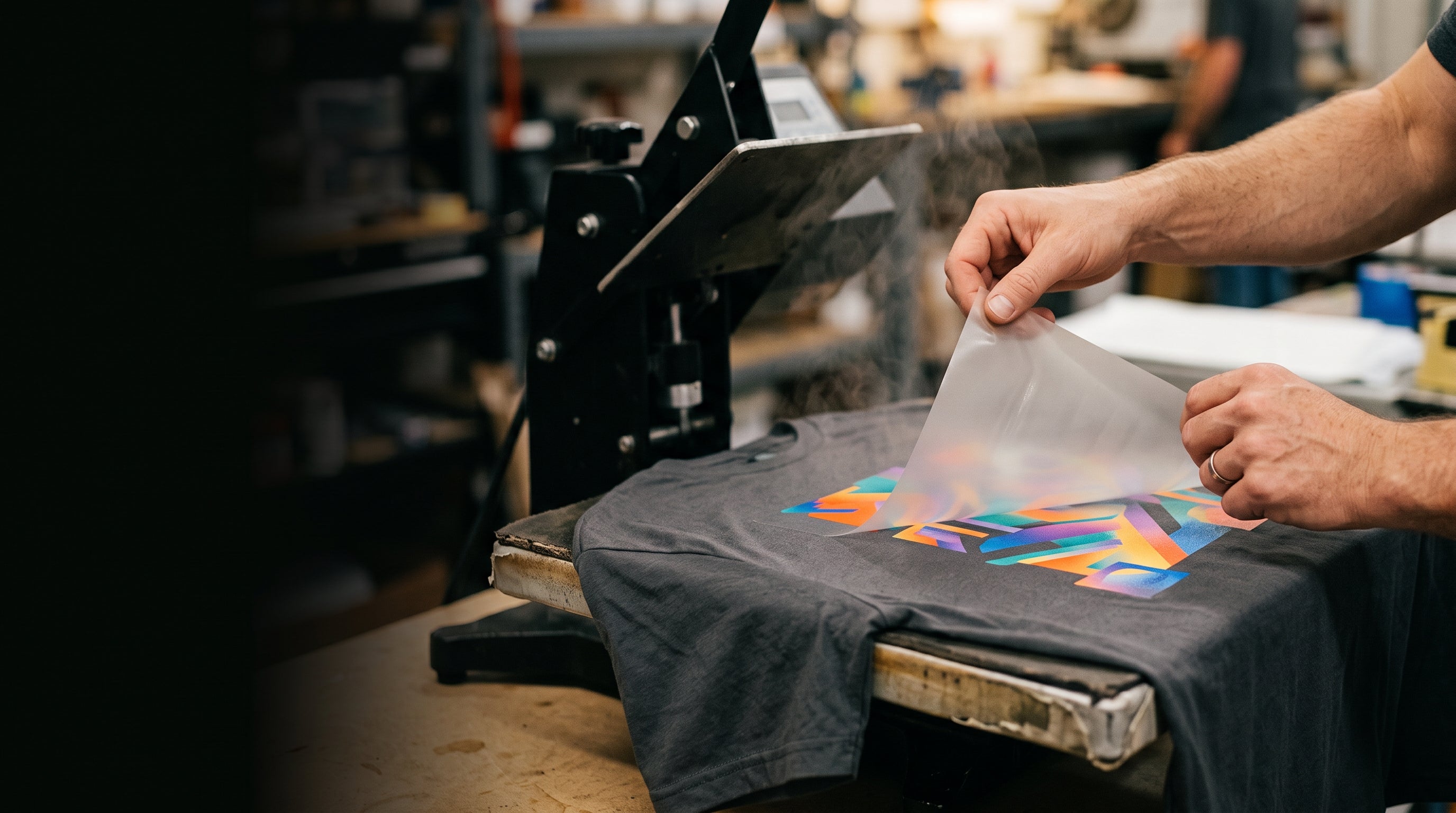 Peeling a clear DTF transfer film off a freshly pressed grey t-shirt in the 5 Sec DTF Orlando print shop