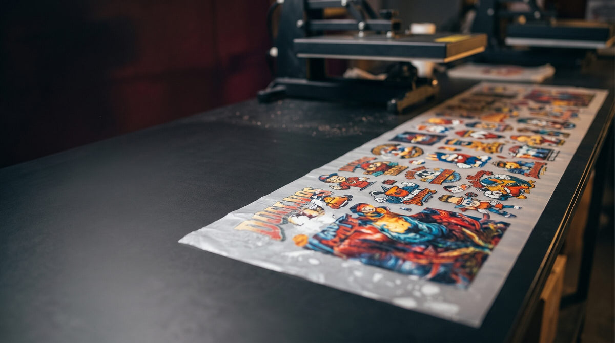 A 22 inch DTF gang sheet packed edge to edge with colourful designs