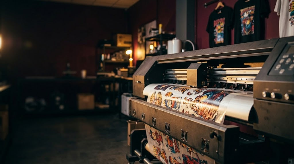 Wide-format DTF printer printing a roll of transfers in the 5 Sec DTF Orlando shop