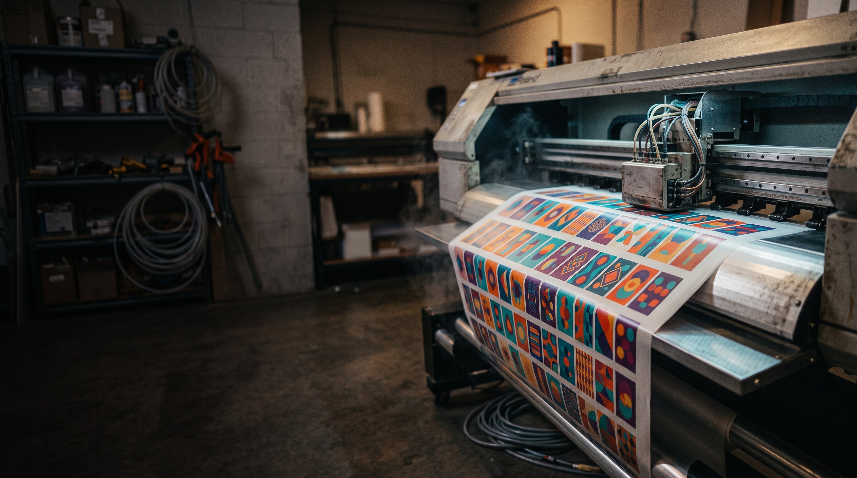 Wide-format DTF printer running a sheet of colourful transfers in the Orlando workshop